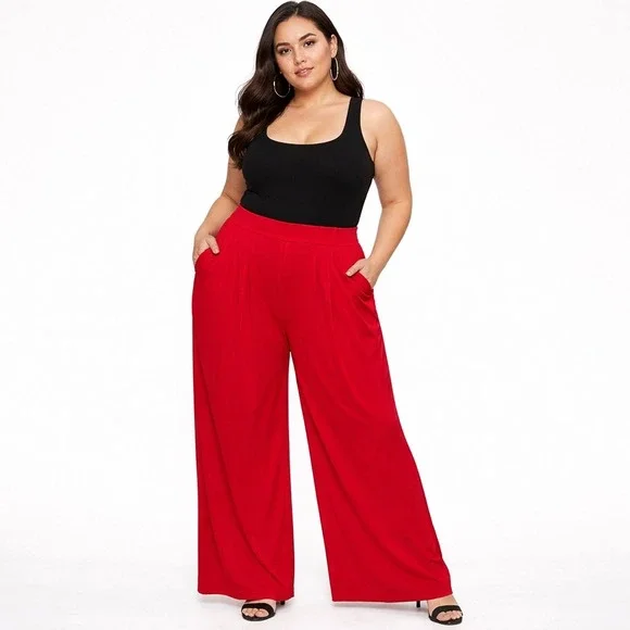 Red Wide Leg Pants High Waist Flowy Satin Trousers Women's Plus Size 26 - Picture 3 of 5